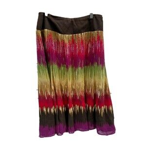 JM Collection Women Long Skirt Sz 12 Brown Green Pink Red Stripe Tie Dye Elastic